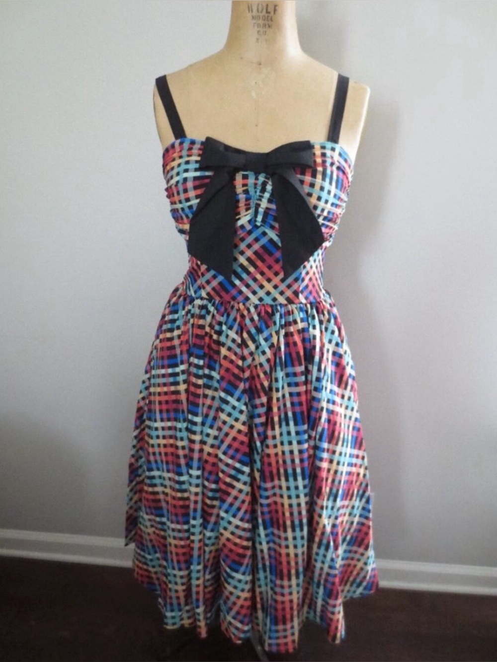 Unique Vintage NWT Madras Rainbow Print Sun Dress Retro 1940s 1950s Style sz Lg